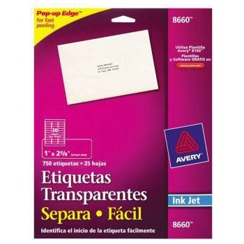 Avery Etiquetas para Dirección 8660, 750 Etiquetas de 1'' x 2.7'', Transparente - Envío Gratis